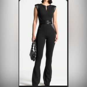 Maniere De Voir Black Leather Trim Jumpsuit